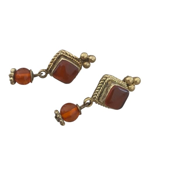 Sterling Silver Gold Plated Carnelian Drop Earring studs ornate oriental - Picture 3 of 8